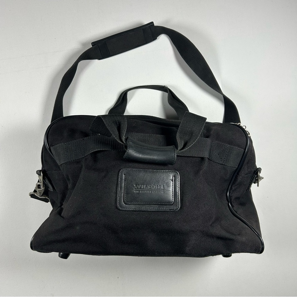 Vtg Wilsons Leather Duffle Bag Black Travel Weekend Carry On Zip Shoulder Strap